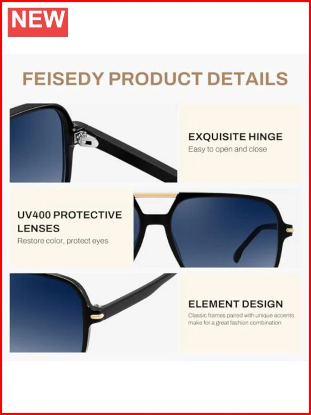 Retro Square Aviator Sunglasses, UV400 Protection, Oversized Frame